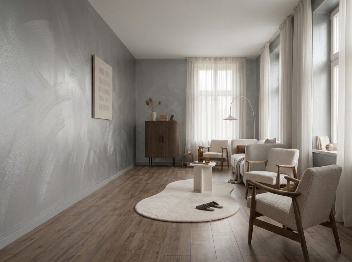 Obývací pokoj s výraznou stěnou Metallic Dekor v odstínu Moon Silver, zachycující pozdní odpolední světlo