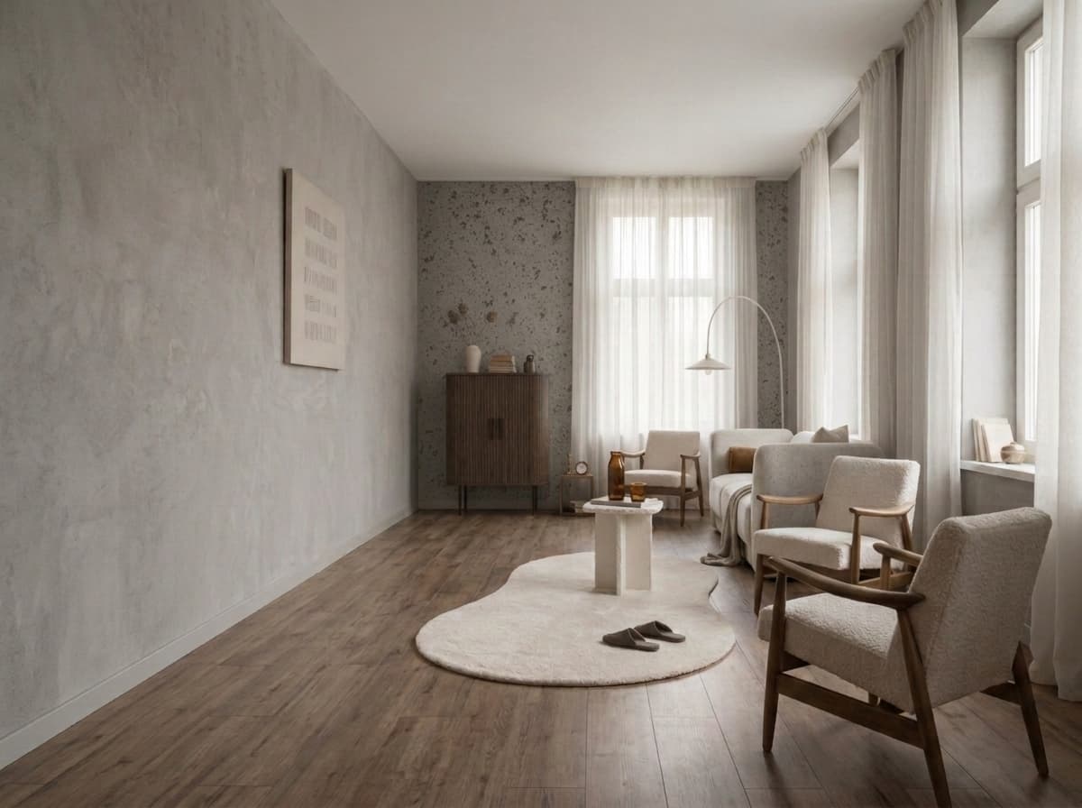 Obývací pokoj se stěnou Beton Dekor v odstínu Myší šedá, pohled podél stěny k oknu